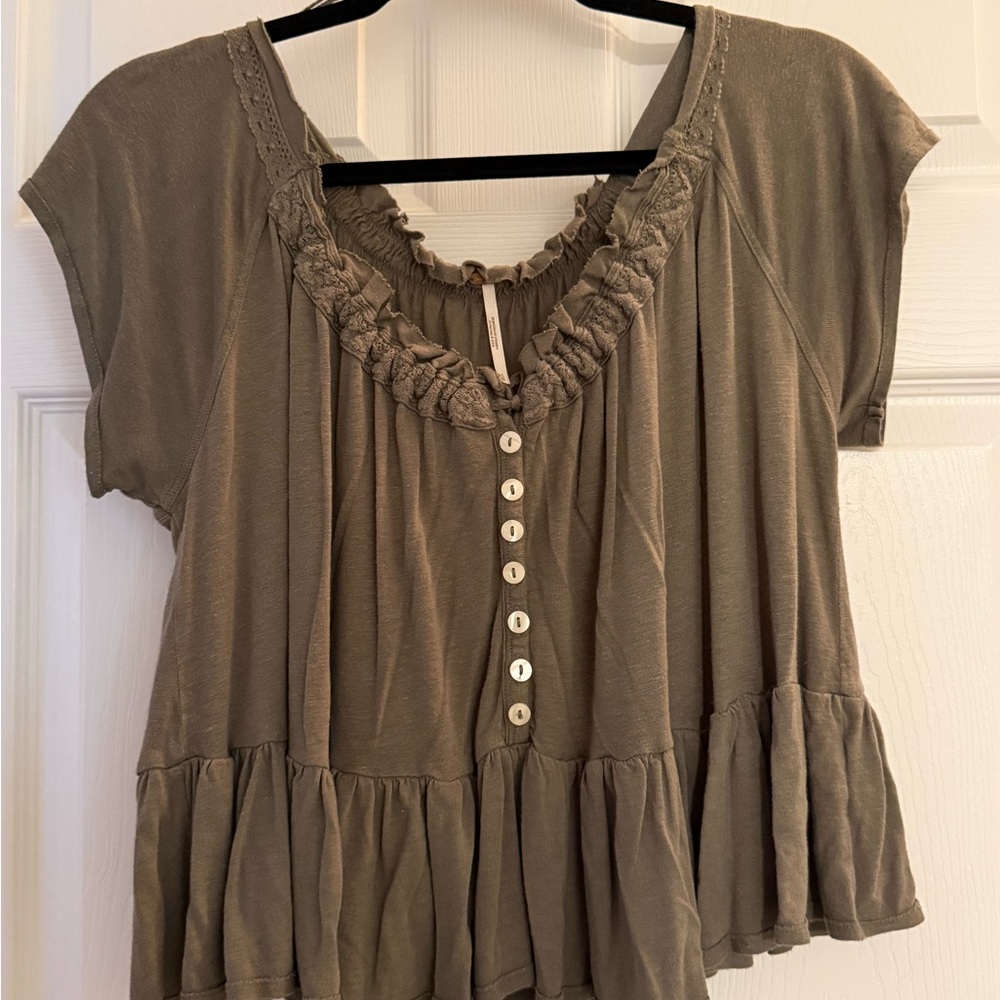 Free People Ruffled Flowy Boho Top - Olive